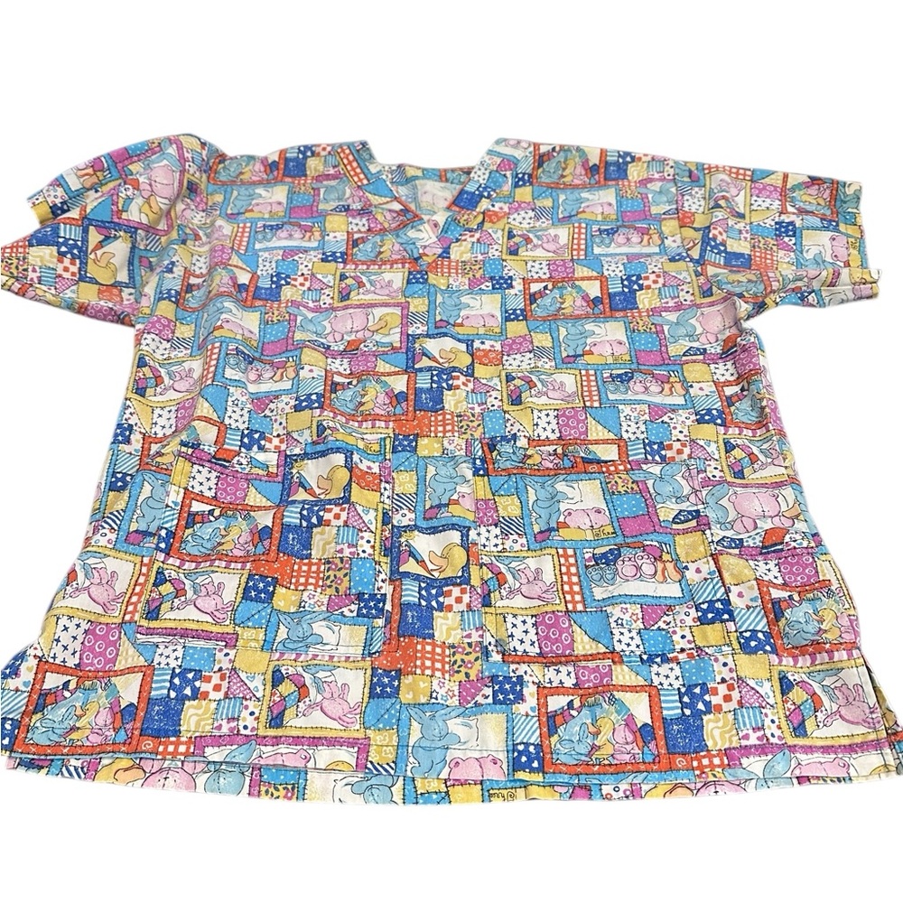 Vintage Patchwork Medical Scrub Top Pastel‎ Bunny Teddy Bear Duck Print Pockets